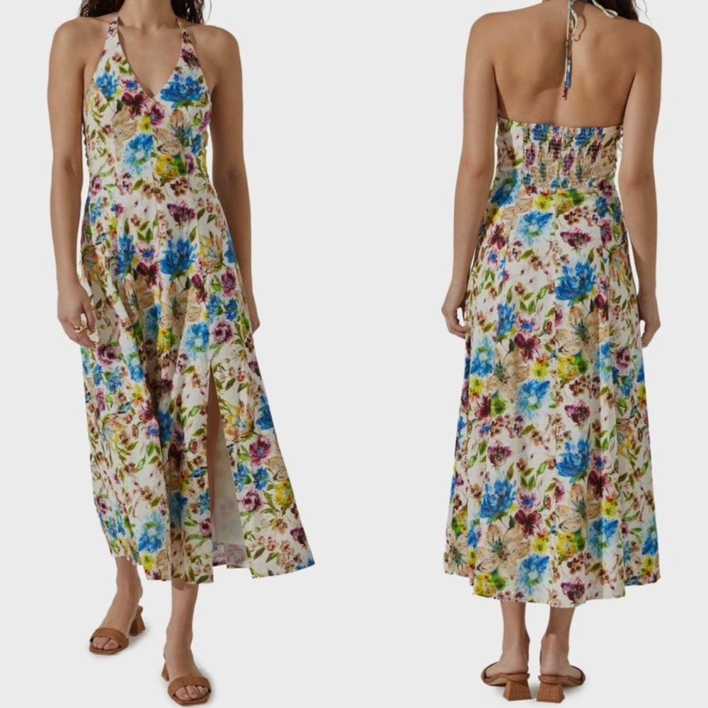 ASTR THE LABEL Floral Watercolor HALTER Front Slit VACATION Linen DRESS